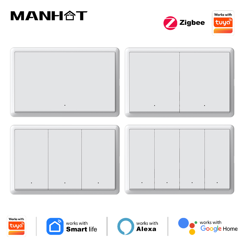 Smart Home Alexa - สวิตช์อัจฉริยะ Manhot Zigbee ไม่ต้องใช้สายกลาง ไม่ต้องใช้คาปาซิเตอร์ สวิตช์ไฟแบบติดผนัง