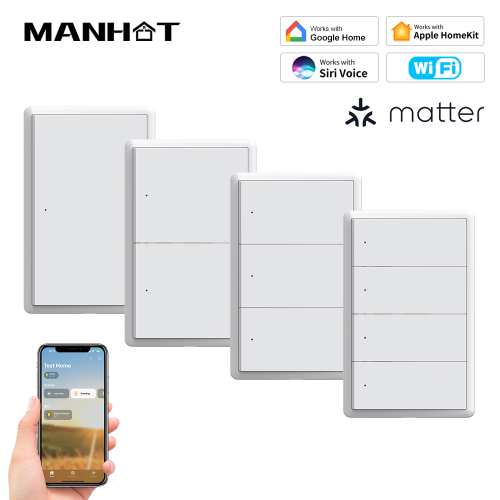 Smart Home Alexa - สวิตช์ไฟอัจฉริยะ MANHOT Homekit WiFi แบบไม่ต้องใช้สายนิวทรัล สวิตช์แบบกดปุ่ม