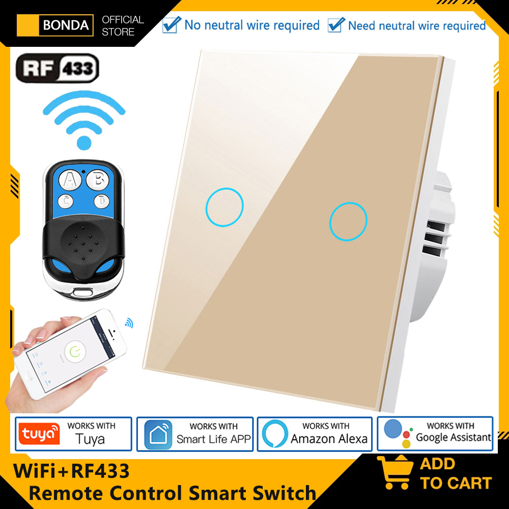 Smart Home Certification - Tuya EU WiFi + RF433 สมาร์ทรีโมทคอนโทรลสวิทช์ไม่จําเป็นต้องใช้สายไฟ