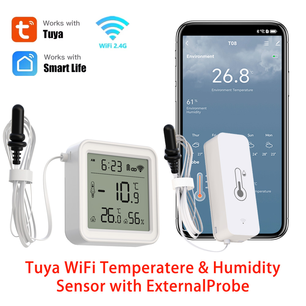 Smart Home Alexa - ทูยา ไวไฟเซ็นเซอร์วัดอุณหภูมิและความชื้นพร้อมไฮโกรมิเตอร์แบบภายนอกสำหรับการตรวจสอบระยะไกล ทำงานร่วมกับอเล็กซา ยานเด็กซ์ สมาร์ทไลฟ์
